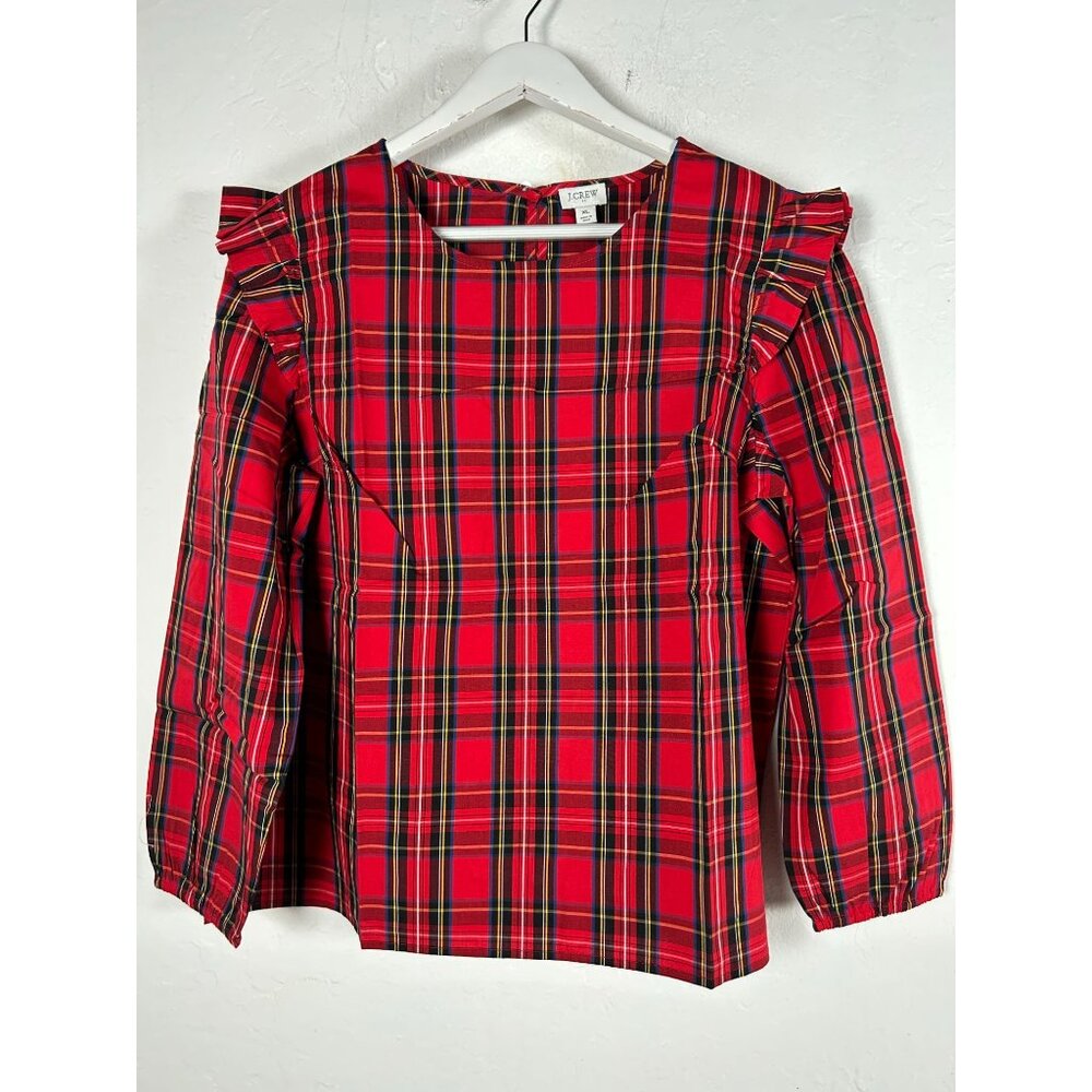 J.Crew Womens Tartan Plaid Ruffle-Trim Woven Top Blouse XL Red AT885 New $64